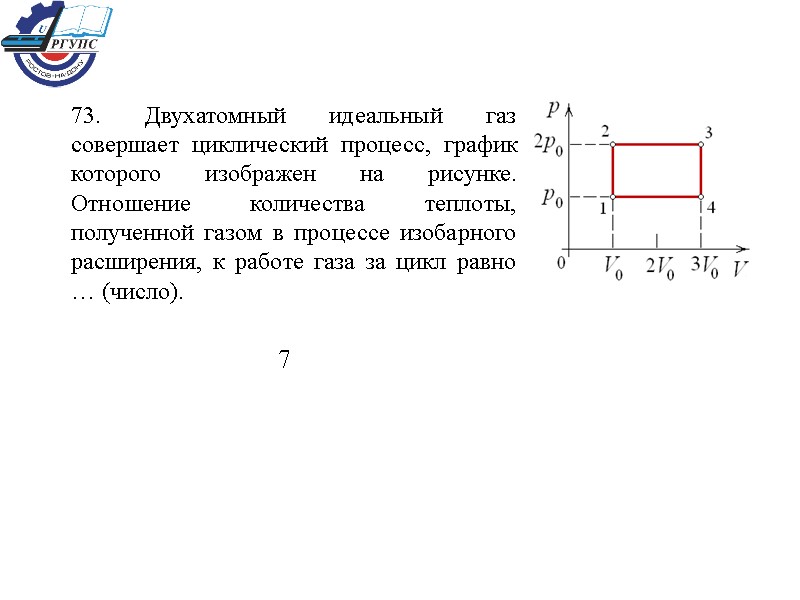 73. Двухатомный идеальный газ совершает циклический процесс, график которого изображен на рисунке. Отношение количества